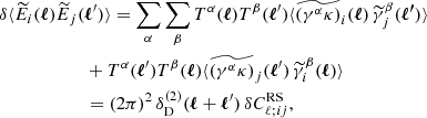 Mathematical equation: $$ \begin{aligned}&\delta \langle {\widetilde{E}_i(\boldsymbol{\ell })\widetilde{E}_j(\boldsymbol{\ell }^{\prime })}\rangle = \sum _\alpha \sum _\beta T^\alpha (\boldsymbol{\ell })T^\beta (\boldsymbol{\ell }^{\prime })\langle {\widetilde{(\gamma ^\alpha \kappa )}_i(\boldsymbol{\ell })\,\widetilde{\gamma }_j^\beta (\boldsymbol{\ell ^{\prime }})}\rangle \nonumber \\&\qquad \qquad \qquad + T^\alpha (\boldsymbol{\ell }^{\prime })T^\beta (\boldsymbol{\ell })\langle {\widetilde{(\gamma ^\alpha \kappa )}_j(\boldsymbol{\ell }^{\prime })\,\widetilde{\gamma }_i^\beta (\boldsymbol{\ell })}\rangle \nonumber \\&\qquad \qquad \qquad = (2\pi )^2\,\delta _{\rm D}^{(2)}(\boldsymbol{\ell }+\boldsymbol{\ell }^{\prime })\,\delta C^\mathrm{RS}_{\ell ;ij} , \end{aligned} $$