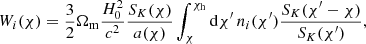 Mathematical equation: $$ \begin{aligned} W_i(\chi )&= \frac{3}{2}\Omega _{\rm m}\frac{H_0^2}{c^2}\frac{S_K(\chi )}{a(\chi )}\int _{\chi }^{\chi _{\rm h}}\mathrm{d}\chi ^{\prime }\,n_i(\chi ^{\prime })\frac{S_K(\chi ^{\prime }-\chi )}{S_K(\chi ^{\prime })} , \end{aligned} $$