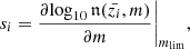 Mathematical equation: $$ \begin{aligned} s_i = \frac{\partial \mathrm{log}_{10}\,\mathfrak{n} (\bar{z_i}, m)}{\partial m}\bigg |_{m_{\rm lim}} , \end{aligned} $$