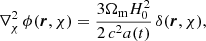 Mathematical equation: $$ \begin{aligned} \nabla _{\chi }^{2}\, \phi (\boldsymbol{r}, \chi )=\frac{3 \Omega _{\rm m} H_{0}^{2}}{2\,c^2a(t)}\, \delta (\boldsymbol{r}, \chi ) , \end{aligned} $$