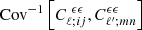 Mathematical equation: $ \mathrm{Cov}^{-1}\left[C^{\ \epsilon\epsilon}_{\ell;ij},C^{\epsilon\epsilon}_{\ell^\prime;mn}\right] $
