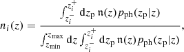 Mathematical equation: $$ \begin{aligned} n_i(z) = \frac{\int _{z_i^-}^{z_i^+}\mathrm{d}z_{\rm p}\,\mathfrak{n} (z)p_{\rm ph}(z_{\rm p}|z)}{\int _{z_{\rm min}}^{z_{\rm max}}\mathrm{d}z\int _{z_i^-}^{z_i^+}\mathrm{d}z_{\rm p}\,\mathfrak{n} (z)p_{\rm ph}(z_{\rm p}|z)} , \end{aligned} $$