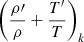Mathematical equation: $ \left(\frac{\rho\prime}{\rho}+\frac{T^\prime}{T}\right)_{k} $