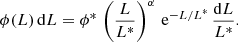 Mathematical equation: $$ \begin{aligned} \phi (L) \, \mathrm{d} L = \phi ^* \, \left( \frac{L}{L^*}\right) ^{\alpha } \, \mathrm{e} ^{-L/L^*} \, \frac{{\mathrm{d} }L}{L^*}. \end{aligned} $$