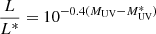 Mathematical equation: $ \frac{L}{L^*} = 10^{-0.4(M_{\mathrm{UV}}-M_{\mathrm{UV}}^*)} $