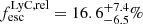 Mathematical equation: $ f_{\mathrm{esc}}^{\mathrm{LyC,rel}} = 16.6^{+7.4}_{-6.5}\% $