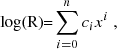 Mathematical equation: $$ \begin{aligned} \text{ log(R)=}\sum _{i=0}^n c_ix^i \ , \end{aligned} $$