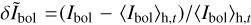 Mathematical equation: $\delta {\tilde I_{{\rm{bol}}}} = \left( {{I_{{\rm{bol}}}} - {{\left\langle {{I_{{\rm{bol}}}}} \right\rangle }_{{\rm{h}},t}}} \right)/{\left\langle {{I_{{\rm{bol}}}}} \right\rangle _{{\rm{h}},t}}$