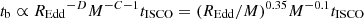 Mathematical equation: $ t_{\mathrm{b}}\propto {R_{\mathrm{Edd}}}^{-D}M^{-C-1}t_{\mathrm{ISCO}}=(R_{\mathrm{Edd}}/M)^{0.35} M^{-0.1} t_{\mathrm{ISCO}} $