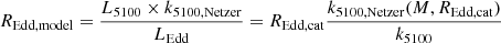 Mathematical equation: $$ \begin{aligned} R_{\rm Edd,model}= \frac{L_{5100} \times k_{5100, \mathrm{Netzer}}}{L_{\rm Edd}} = R_{\rm Edd,cat} \frac{k_{5100, \mathrm{Netzer}}(M,R_{\rm Edd,cat})}{k_{5100}} \end{aligned} $$