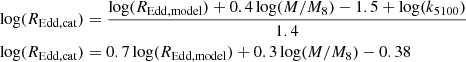 Mathematical equation: $$ \begin{aligned} \log (R_{\rm Edd,cat})&= \frac{\log (R_{\rm Edd,model})+0.4 \log (M/M_8)-1.5+\log (k_{5100})}{1.4}\\ \log (R_{\rm Edd,cat})&= 0.7\log (R_{\rm Edd,model})+0.3\log (M/M_8)-0.38 \end{aligned} $$