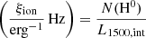 $$ \begin{aligned} \left(\frac{\xi _{\mathrm{ion} }}{\mathrm{erg} ^{-1}}\,\mathrm{Hz} \right) = \frac{N(\mathrm{H}^0)}{L_\mathrm{1500, int} } \end{aligned} $$