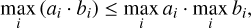 Mathematical equation: $\mathop {\max }\limits_i \,\left( {{a_i} \cdot {b_i}} \right) \le \mathop {\max }\limits_i \,{a_i} \cdot \mathop {\max }\limits_i \,{b_i},$