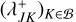 Mathematical equation: ${\left( {\lambda _{JK}^ + } \right)_{K \in {\cal B}}}$
