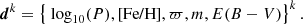 $$ \begin{aligned} \boldsymbol{d}^{k} = \left\{ \text{ log}_{\rm 10}(P), \text{[Fe/H]}, \varpi , m, E(B-V) \right\} ^{k} . \end{aligned} $$