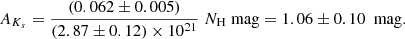 Mathematical equation: $$ \begin{aligned} A_{K_s}=\frac{(0.062\pm 0.005)}{ (2.87\pm 0.12) \times 10^{21} } \; N_{\rm H} \; \mathrm{mag} = 1.06 \pm 0.10\ \text{ mag}. \end{aligned} $$