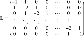 Mathematical equation: ${\bf{L}} = \left( {\matrix{ { - 1} &amp; 1 &amp; 0 &amp; 0 &amp; \cdots &amp; 0 &amp; 0 \cr 1 &amp; { - 2} &amp; 1 &amp; 0 &amp; \cdots &amp; 0 &amp; 0 \cr 0 &amp; 1 &amp; { - 2} &amp; 1 &amp; \cdots &amp; 0 &amp; 0 \cr \vdots &amp; \ddots &amp; \ddots &amp; \ddots &amp; \vdots &amp; \vdots &amp; {} \cr 0 &amp; 0 &amp; 0 &amp; 0 &amp; \cdots &amp; { - 2} &amp; 1 \cr 0 &amp; 0 &amp; 0 &amp; 0 &amp; \cdots &amp; 1 &amp; { - 1} \cr } } \right)$