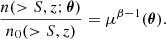 Mathematical equation: $$ \begin{aligned} \frac{n(>S,z;\boldsymbol{\theta })}{n_0(>S,z)}=\mu ^{\beta -1}(\boldsymbol{\theta }). \end{aligned} $$