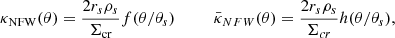 Mathematical equation: $$ \begin{aligned} \kappa _{\text{NFW}}(\theta )=\frac{2r_s\rho _s}{\Sigma _{\text{cr}}}f(\theta /\theta _s)\quad \quad \quad \bar{\kappa }_{NFW}(\theta )=\frac{2r_s\rho _s}{\Sigma _{cr}}h(\theta /\theta _s), \end{aligned} $$