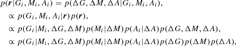 Mathematical equation: $$ \begin{aligned}&p(\boldsymbol{r}|G_i, M_i, A_i) = p(\Delta G, \Delta M, \Delta A|G_i, M_i, A_i), \nonumber \\&\quad \propto p(G_i,M_i,A_i|\boldsymbol{r})p(\boldsymbol{r}),\nonumber \\&\quad \propto p(G_i|M_i, \Delta G, \Delta M) p(M_i|\Delta M) p(A_i|\Delta A) p(\Delta G, \Delta M, \Delta A), \nonumber \\ &\quad \propto p(G_i|M_i, \Delta G, \Delta M) p(M_i|\Delta M) p(A_i|\Delta A) p(\Delta G) p(\Delta M) p(\Delta A), \end{aligned} $$