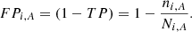 Mathematical equation: $$ \begin{aligned} FP_{i,A}=(1-TP)=1-\frac{n_{i,A}}{N_{i,A}}. \end{aligned} $$