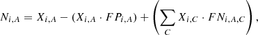 Mathematical equation: $$ \begin{aligned} N_{i,A}&= X_{i,A} - (X_{i,A} \cdot FP_{i,A}) + \left(\sum _C X_{i,C} \cdot FN_{i,A,C}\right),\end{aligned} $$