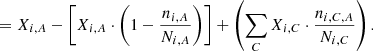 Mathematical equation: $$ \begin{aligned}&= X_{i,A} - \left[ X_{i,A} \cdot \left( 1- \frac{n_{i,A}}{N_{i,A}}\right)\right] + \left( \sum _C X_{i,C} \cdot \frac{n_{i,C,A}}{N_{i,C}}\right). \end{aligned} $$