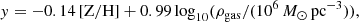 Mathematical equation: $$ \begin{aligned} { y}&= -0.14\,[\mathrm{Z}/\mathrm{H}] + 0.99\log _{10} (\rho _{\mathrm{gas}} / (10^6\,M_\odot \,\mathrm{pc}^{-3})), \end{aligned} $$