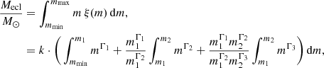 Mathematical equation: $$ \begin{aligned} \frac{M_{\rm ecl}}{M_\odot }&= \int ^{m_{\rm max}}_{m_{\rm min}} m\, \xi (m)\, \mathrm{d}m, \nonumber \\&= k\cdot \Bigg (\int ^{m_1}_{m_{\rm min}} m^{\Gamma _1} + \frac{m_1^{\Gamma _1}}{m_1^{\Gamma _2}} \int ^{m_2}_{m_1} m^{\Gamma _2} +\frac{m_1^{\Gamma _1} m_2^{\Gamma _2}}{m_1^{\Gamma _2} m_2^{\Gamma _3}} \int ^{m_2}_{m_1} m^{\Gamma _3}\Bigg )\,\mathrm{d}m, \end{aligned} $$