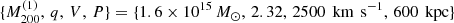 $ \{{M}^{(1)}_{200},\,q,\,V,\,P\} = \{ 1.6 \times 10^{15}\,{M_{\odot}},\,2.32,\,2500\,{\text{ km}\,\text{ s}^{-1}},\,600\,{\text{ kpc}}\} $