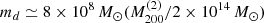 $$ \begin{aligned} m_d\simeq 8 \times 10^{8}\,M_{\odot }({M}^{(2)}_{200}/2 \times 10^{14}\,M_{\odot }) \end{aligned} $$