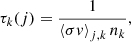 Mathematical equation: $$ \begin{aligned} \tau _k(j) = \frac{1}{\left\langle \sigma v \right\rangle _{j,k}n_k} ,\end{aligned} $$