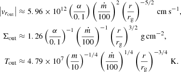 Mathematical equation: $$ \begin{aligned} \left| v_{r_{\rm out}} \right|&\approx 5.96\times 10^{12}\left(\frac{\alpha }{0.1}\right)\left(\frac{\dot{m}}{100}\right)^2\left(\frac{r}{r_{\rm g}}\right)^{-5/2} \,\mathrm{cm\,s}^{-1}, \nonumber \\ \Sigma _{\rm out}&\approx 1.26 \left(\frac{\alpha }{0.1}\right)^{-1} \left(\frac{\dot{m}}{100}\right)^{-1}\left(\frac{r}{r_{\rm g}}\right)^{3/2}\,\mathrm{g\,cm^{-2}}, \\ T_{\rm out}&\approx 4.79\times 10^7\left(\frac{m}{10}\right)^{-1/4}\left(\frac{\dot{m}}{100}\right)^{1/4}\left(\frac{r}{r_{\rm g}}\right)^{-3/4} \, \mathrm{K}. \nonumber \end{aligned} $$