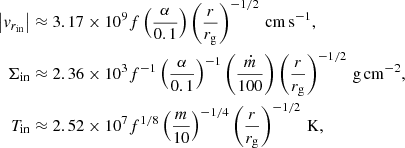 Mathematical equation: $$ \begin{aligned} \left| v_{r_{\rm in}} \right|&\approx 3.17\times 10^9 f \left(\frac{\alpha }{0.1}\right)\left(\frac{r}{r_{\rm g}}\right)^{-1/2} \,\mathrm{cm\,s^{-1}}, \nonumber \\ \Sigma _{\rm in}&\approx 2.36\times 10^3f^{-1} \left(\frac{\alpha }{0.1}\right)^{-1} \left(\frac{\dot{m}}{100}\right)\left(\frac{r}{r_{\rm g}}\right)^{-1/2}\,\mathrm{g\,cm^{-2}}, \\ T_{\rm in}&\approx 2.52\times 10^7f^{1/8}\left(\frac{m}{10}\right)^{-1/4}\left(\frac{r}{r_{\rm g}}\right)^{-1/2} \,\mathrm{K} \nonumber , \end{aligned} $$