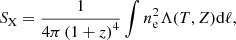Mathematical equation: $$ \begin{aligned} S_{\rm X} = \frac{1}{4 \pi \left(1+z\right)^4} \int n_{\rm e}^2 \Lambda (T,Z) \mathrm{d} \ell , \end{aligned} $$