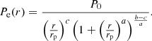 Mathematical equation: $$ \begin{aligned} P_{\rm e}(r) = \frac{P_0}{\left(\frac{r}{r_{\rm p}}\right)^c \left(1 + \left(\frac{r}{r_{\rm p}}\right)^a\right)^{\frac{b-c}{a}}}. \end{aligned} $$