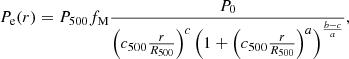 Mathematical equation: $$ \begin{aligned} P_{\rm e}(r) = P_{500} f_{\rm M} \frac{P_0}{\left(c_{500} \frac{r}{R_{500}}\right)^c \left(1 + \left(c_{500} \frac{r}{R_{500}}\right)^a\right)^{\frac{b-c}{a}}}, \end{aligned} $$
