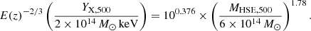 Mathematical equation: $$ \begin{aligned} E(z)^{-2/3} \left(\frac{Y_{\mathrm{X}, 500}}{2 \times 10^{14}\,{M}_{\odot }\,\mathrm{keV}}\right) = 10^{0.376} \times \left(\frac{M_{\mathrm{HSE},500}}{6\times 10^{14}\,{M}_{\odot }}\right)^{1.78}. \end{aligned} $$