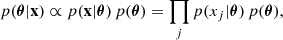 Mathematical equation: $$ \begin{aligned} p(\boldsymbol{\theta }|\mathbf x ) \propto p(\mathbf x |\boldsymbol{\theta })\,p(\boldsymbol{\theta }) = \prod _j p(x_j|\boldsymbol{\theta })\,p(\boldsymbol{\theta }), \end{aligned} $$