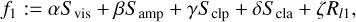 Mathematical equation: ${{f_1}: = \alpha {S_{{\rm{vis}}}} + \beta {S_{{\rm{amp}}}} + \gamma {S_{{\rm{clp}}}} + \delta {S_{{\rm{cla}}}} + \zeta {R_{l1}},}$