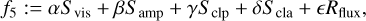Mathematical equation: ${{f_5}: = \alpha {S_{{\rm{vis}}}} + \beta {S_{{\rm{amp}}}} + \gamma {S_{{\rm{clp}}}} + \delta {S_{{\rm{cla}}}} + {R_{{\rm{flux}}}},}$