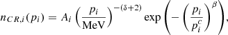 Mathematical equation: $$ \begin{aligned} n_{CR, i}(p_{i}) = A_i\left(\frac{p_i}{\mathrm{MeV} }\right)^{-(\delta +2)}\exp {\left(-\left(\frac{p_i}{p_i^c}\right)^{\beta }\right)} ,\end{aligned} $$