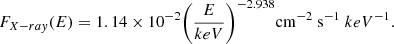 Mathematical equation: $$ \begin{aligned} F_{X-ray}(E) = 1.14\times 10^{-2}\biggr (\frac{E}{keV}\biggr )^{-2.938}\mathrm {cm}^{-2}~\mathrm {s}^{-1}~keV^{-1} .\end{aligned} $$