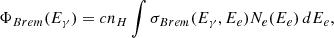 Mathematical equation: $$ \begin{aligned} \Phi _{Brem}(E_\gamma ) = c{n_H}\int \sigma _{Brem}(E_\gamma , E_e)N_e(E_e)\,dE_e ,\end{aligned} $$