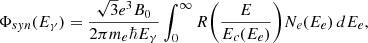 Mathematical equation: $$ \begin{aligned} \Phi _{syn}(E_\gamma ) = \frac{\sqrt{3}{e^3}B_0}{2\pi {m_e}{\hbar }{E_\gamma }}\int _0^{\infty }R\biggr (\frac{E}{E_c(E_e)}\biggr )N_e(E_e)\,dE_e ,\end{aligned} $$