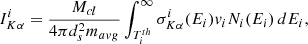 Mathematical equation: $$ \begin{aligned} I_{K{\alpha }}^i = \frac{M_{cl}}{4\pi {d_s^2}{m_{avg}}}\int _{T_i^{th}}^\infty \sigma _{K{\alpha }}^i(E_i)v_iN_i(E_i)\,dE_i ,\end{aligned} $$