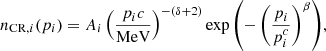 Mathematical equation: $$ \begin{aligned} n_{\mathrm{CR}, i}(p_{i}) = A_i\left(\frac{p_i c}{\mathrm{MeV} }\right)^{-(\delta +2)}\exp {\left(-\left(\frac{p_i}{p_i^c}\right)^{\beta }\right)} ,\end{aligned} $$