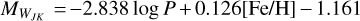 Mathematical equation: ${M_{{W_{JK}}}} - 2.838\log P + 0.126[{\rm{Fe}}/{\rm{H}}] - 1.161$