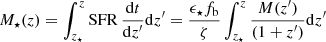 Mathematical equation: $$ \begin{aligned} M_\star (z) = \int _{z_{\star }}^z \mathrm{SFR}\,\frac{\mathrm{d}t}{\mathrm{d}z^\prime } \mathrm{d}z^\prime = \frac{\epsilon _\star f_{\rm b}}{\zeta } \int _{z_{\star }}^z \frac{M(z^\prime )}{(1+z^\prime )} \mathrm{d}z^\prime \end{aligned} $$