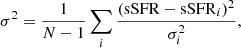 Mathematical equation: $$ \begin{aligned} \sigma ^2 = \frac{1}{N-1}\sum _i \frac{(\mathrm{sSFR} - \mathrm{sSFR}_i)^2}{\sigma _i^2}, \end{aligned} $$